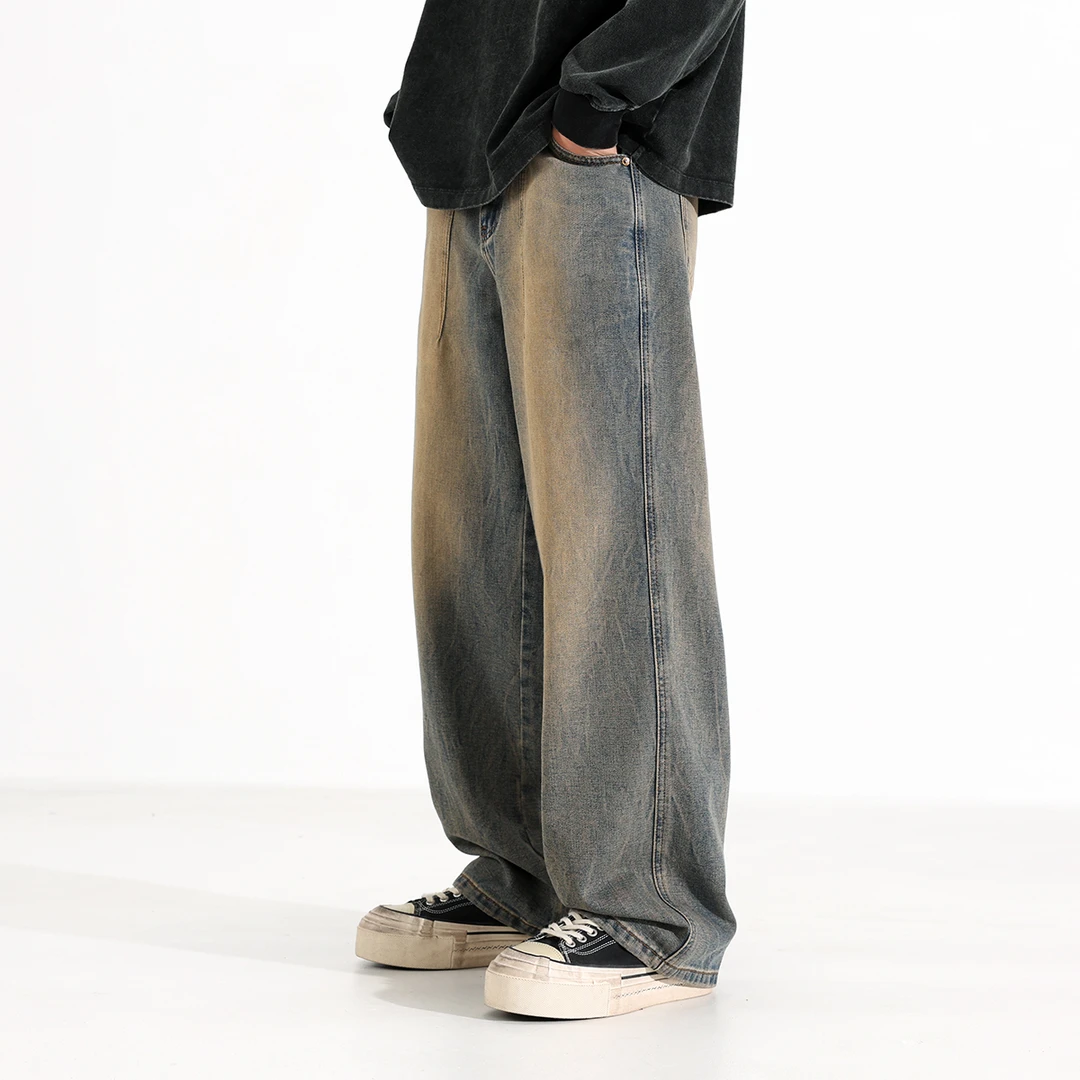 GS秋季复古渐变牛仔裤男装时尚潮牌新款高街水洗做旧宽松直筒裤子