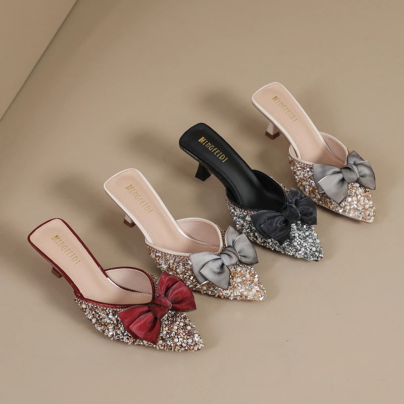 网红2025款包头半拖鞋女外穿细高跟拖蝴蝶结女鞋时尚尖头水钻凉拖