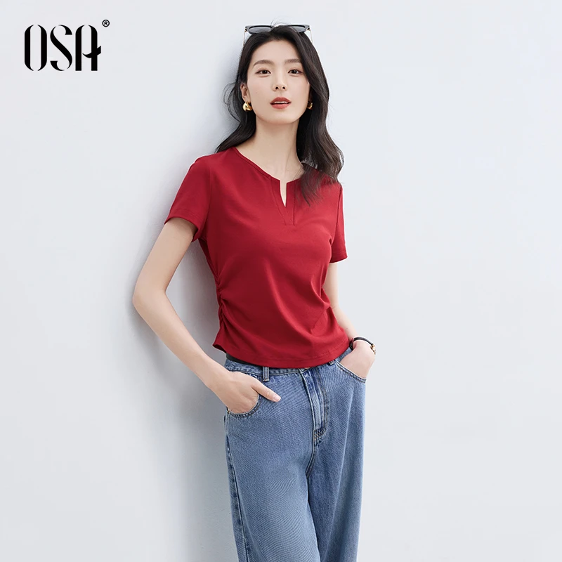 OSA/欧莎 【红宝石T】短款T恤女V领体恤抽褶收腰显瘦上衣S125B11016