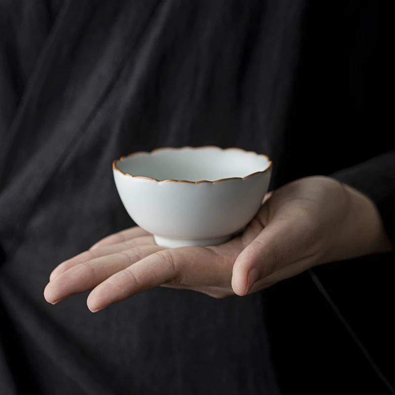 汝窑荷瓣杯100ml手工高档陶瓷茶杯复古主人杯单杯天青色原矿汝瓷