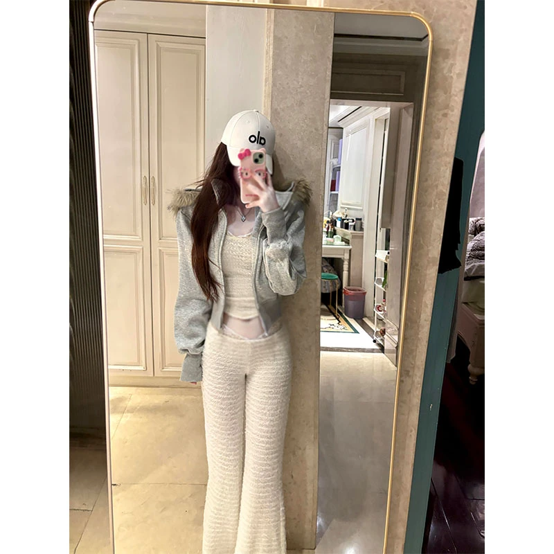 韩系辣妹时尚洋气吊带打底衫休闲长袖外套上衣高腰修身直筒裤套装