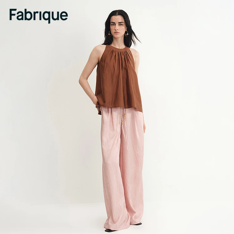 【Fabrique】Louise 春夏新款琉璃粉褶皱缎面休闲通勤松紧腰阔腿裤