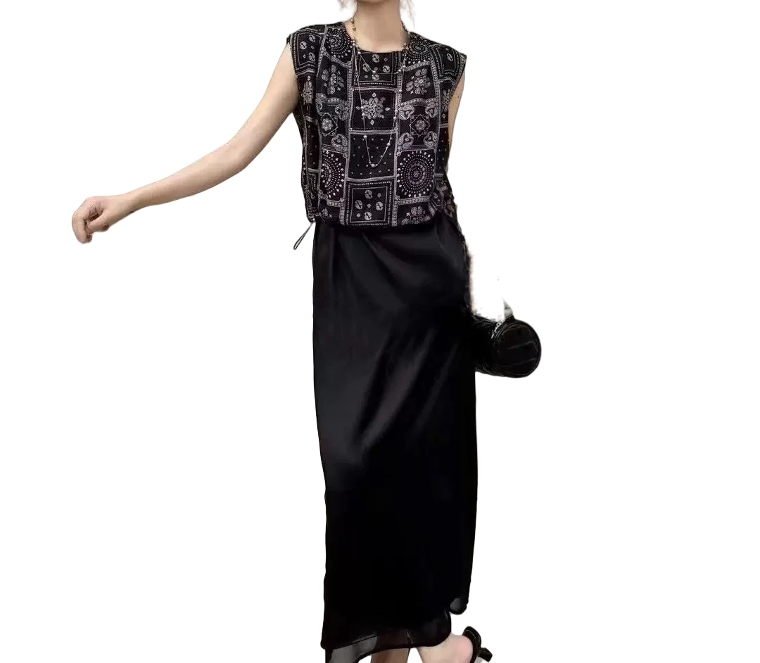 高级感复古印花无袖T恤女夏季小众薄款百搭显瘦背心套装M010