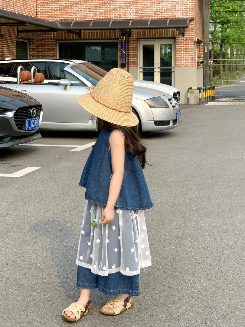 女童夏季牛仔套装新款潮酷穿搭儿童女孩牛仔背心套装蕾丝半裙洋气