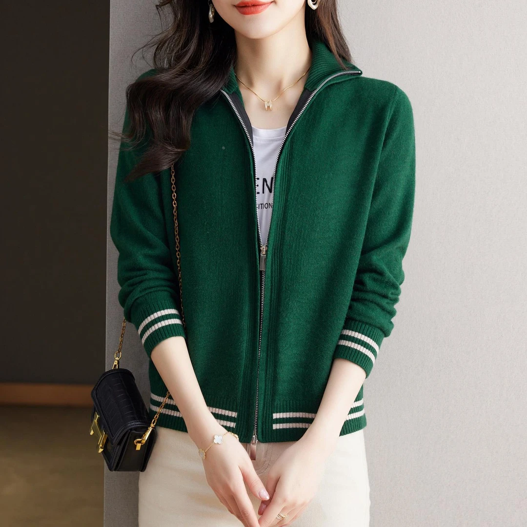 2025秋冬翻领双拉炼毛绒针织开衫韩版宽松大码百搭绒毛毛衣外套女