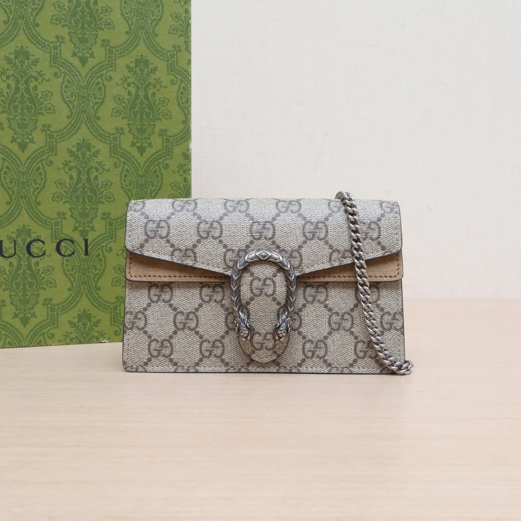 未使用 GUCCI/古驰 定【小花念念】 酒神 超Mini 老花 帆布 银扣