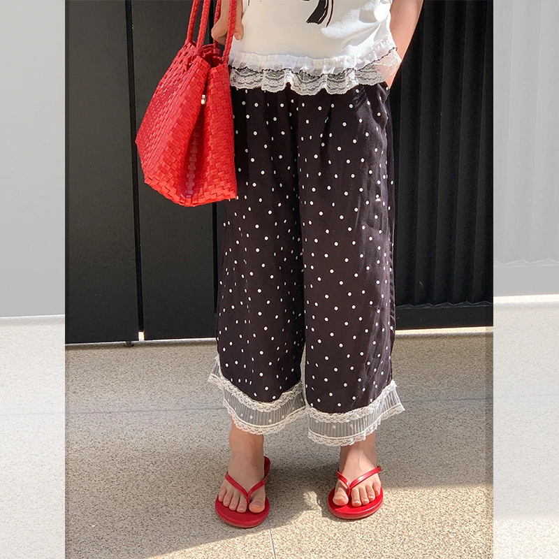 【黑糖波波】西西女童2025夏新款波点蕾丝阔腿裤儿童休闲裤DF15640