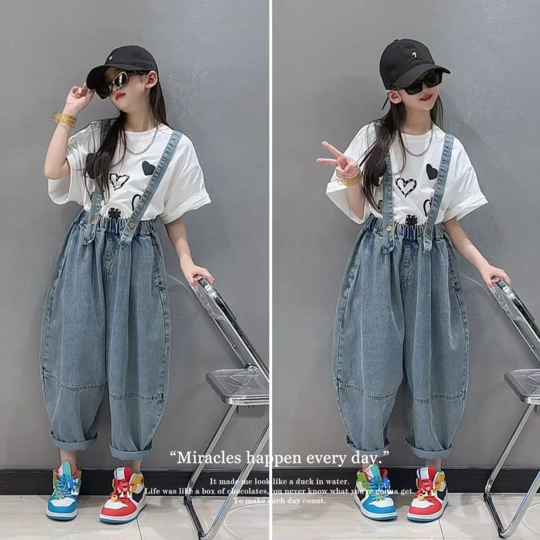 女童牛仔背带裤套装2025新款儿童女大童裤子时髦洋气夏装女孩T恤
