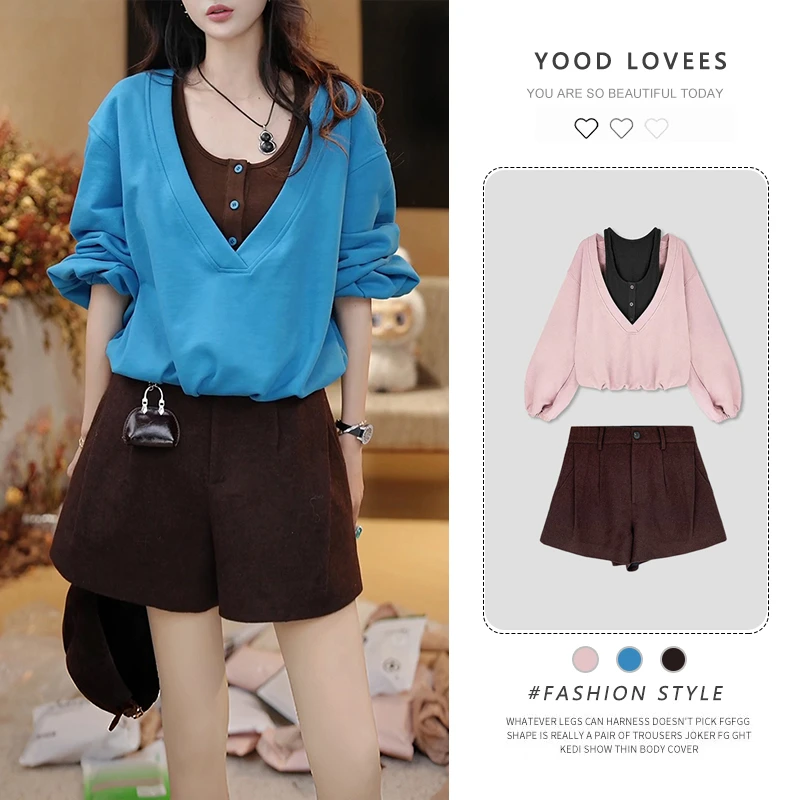 韩系休闲减龄套装女2025春秋新款设计感假两件卫衣高腰短裤两件套