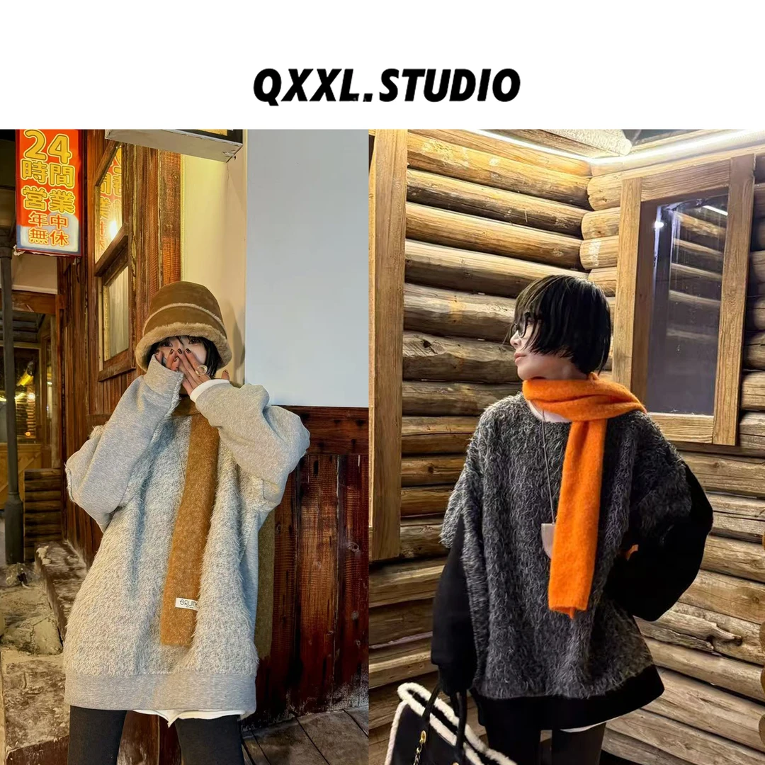 邱小小丽呀 冬季新款针织拼接绒感卫衣女百搭洋气宽松套头上衣