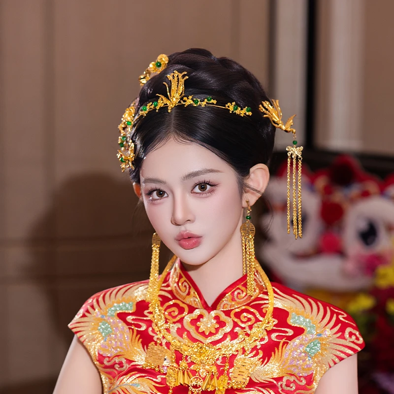 合金婚庆饰品 中式新娘金绿色头饰婚礼秀禾服复古跟妆配饰MT0242