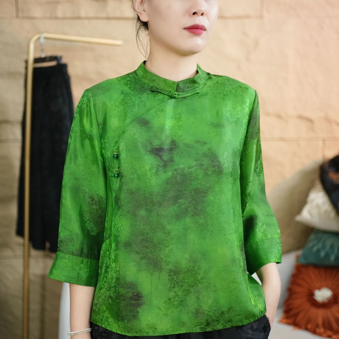 清静语qjy32100绿色国风印花人丝香云纱气质盘口小上衣