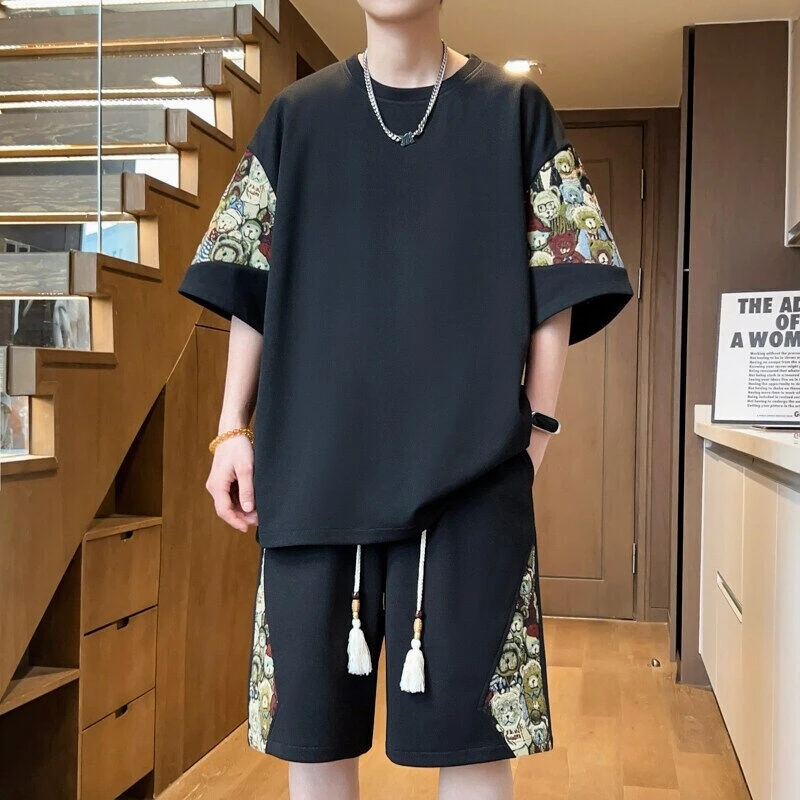 短袖套装男士夏季薄款休闲运动短袖短裤百搭宽松学生大码时尚夏装