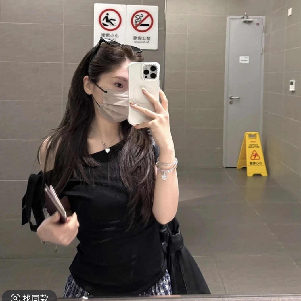 【小黄梨】时髦多造型~一衣多穿蝴蝶结绑带斜肩短袖T恤女