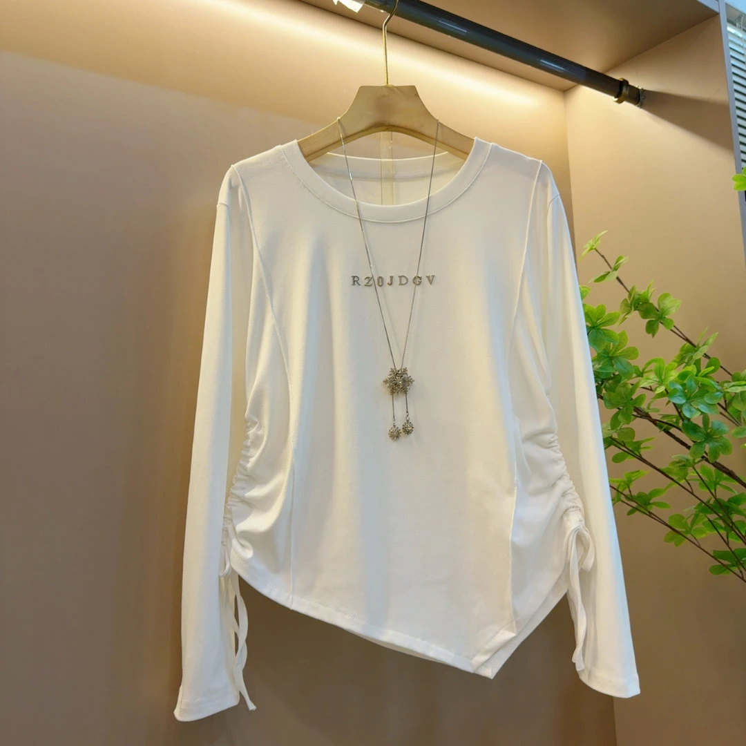 时尚早秋圆领抽绳收腰设计长袖显瘦休闲百搭上衣（长55左右）