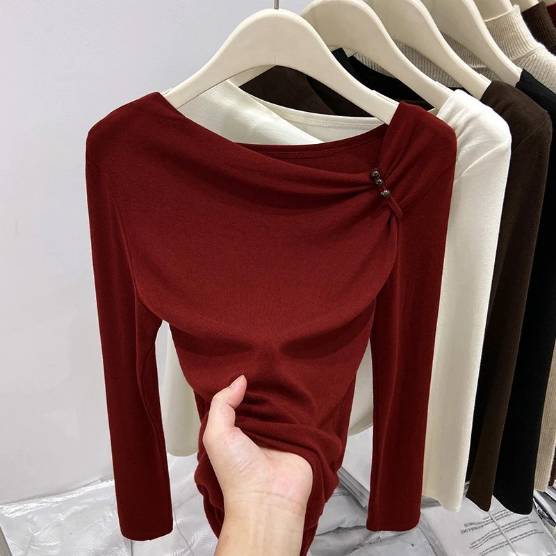 酒红色女装大码长袖T恤女士冬季软糯慵懒风时尚胖mm收腰显瘦上衣