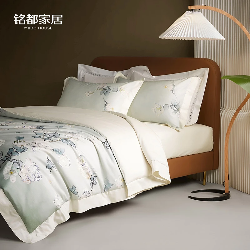 铭都「白玫瑰」A类100支新疆长绒棉全棉印花轻奢床单被套床上四件套