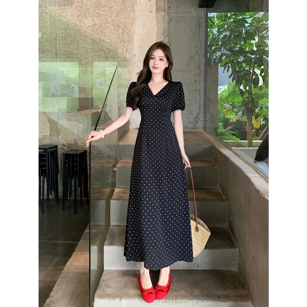 实拍2025夏装新款胖mm大码女优雅蕾丝花边泡泡袖波点收腰连衣裙