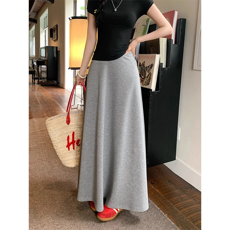 耶古慵懒感灰色半身裙女夏季款显瘦高腰伞裙小个子简约a字中长裙