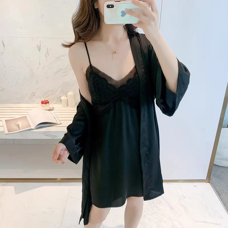 冰丝吊带睡裙睡衣女春夏季带胸垫薄款性感蕾丝家居时尚夏天