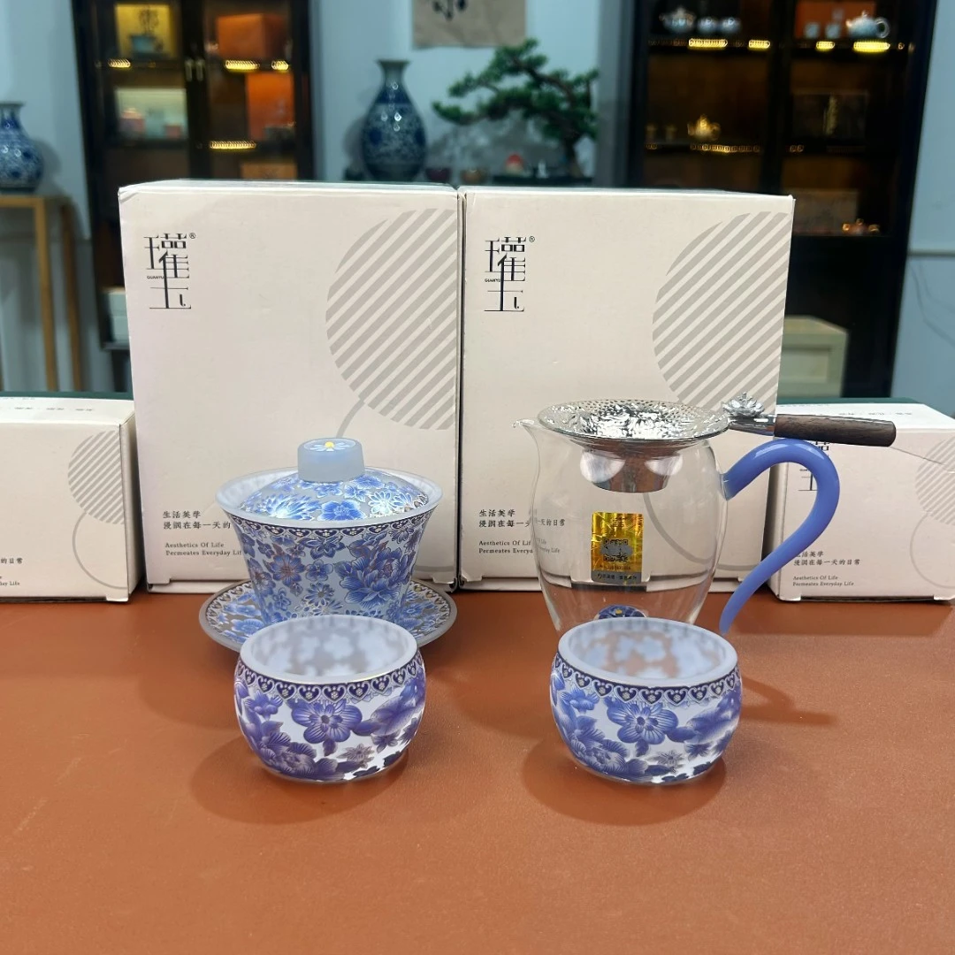 ZH3822-瓘玉盖碗（青花）+瓘玉琉璃品杯（青花）*2+凤尾公杯+过滤
