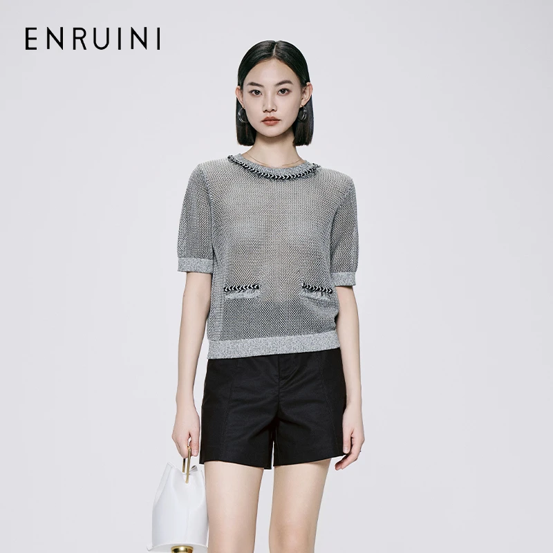 恩瑞妮2025款T恤街头风套头夏短袖设计师拼接耐磨格纹ESXZ3B596