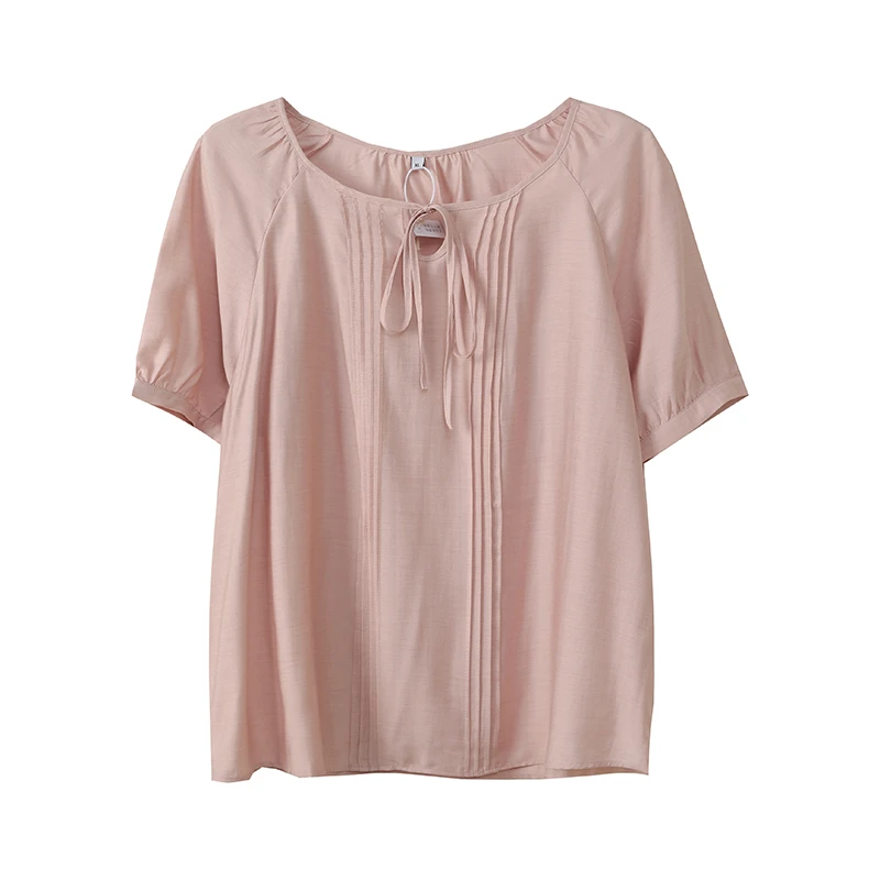 系带微皱肌理感雪纺衫2025夏季新款胖mm清新宽松上衣222109