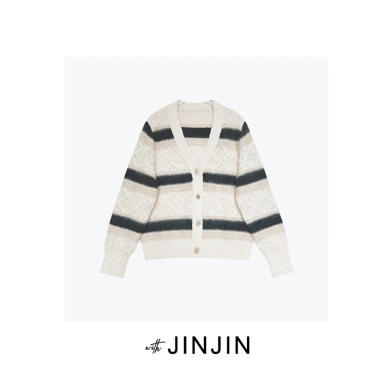 【蜜语斑马】绵羊毛混纺宽条纹毛织V领开衫重工提花针织衫设计师款