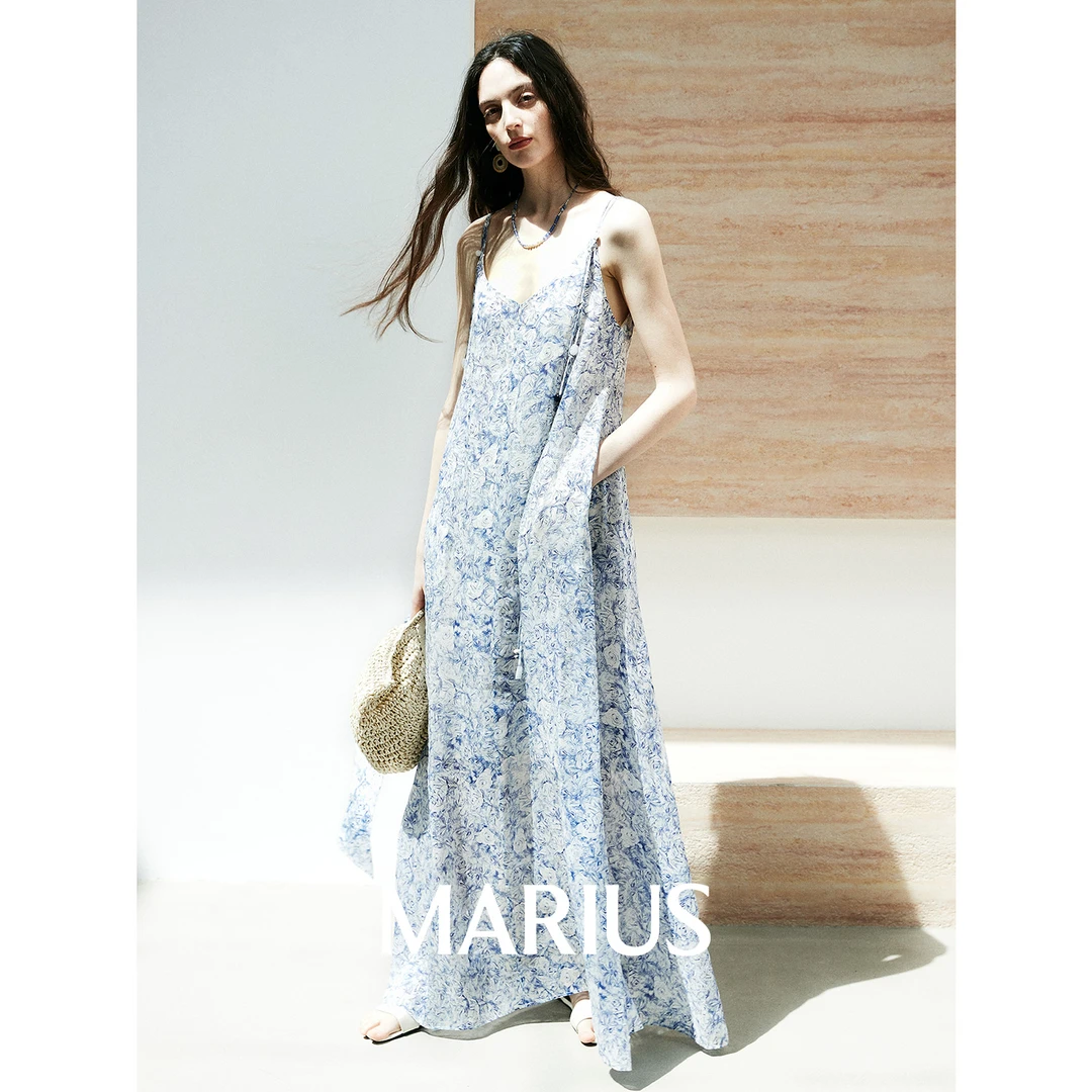 MARIUS | “玫瑰速写”蓝色茹伊印花高配度假风连衣裙套装