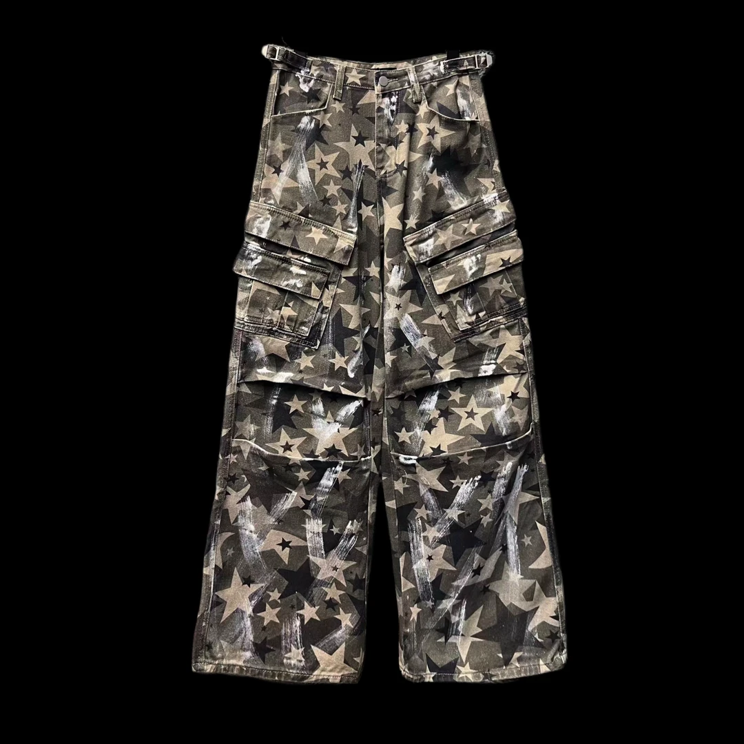 DAJI秋冬新款涂鸦星星工装长裤直筒美式工装裤女阔腿