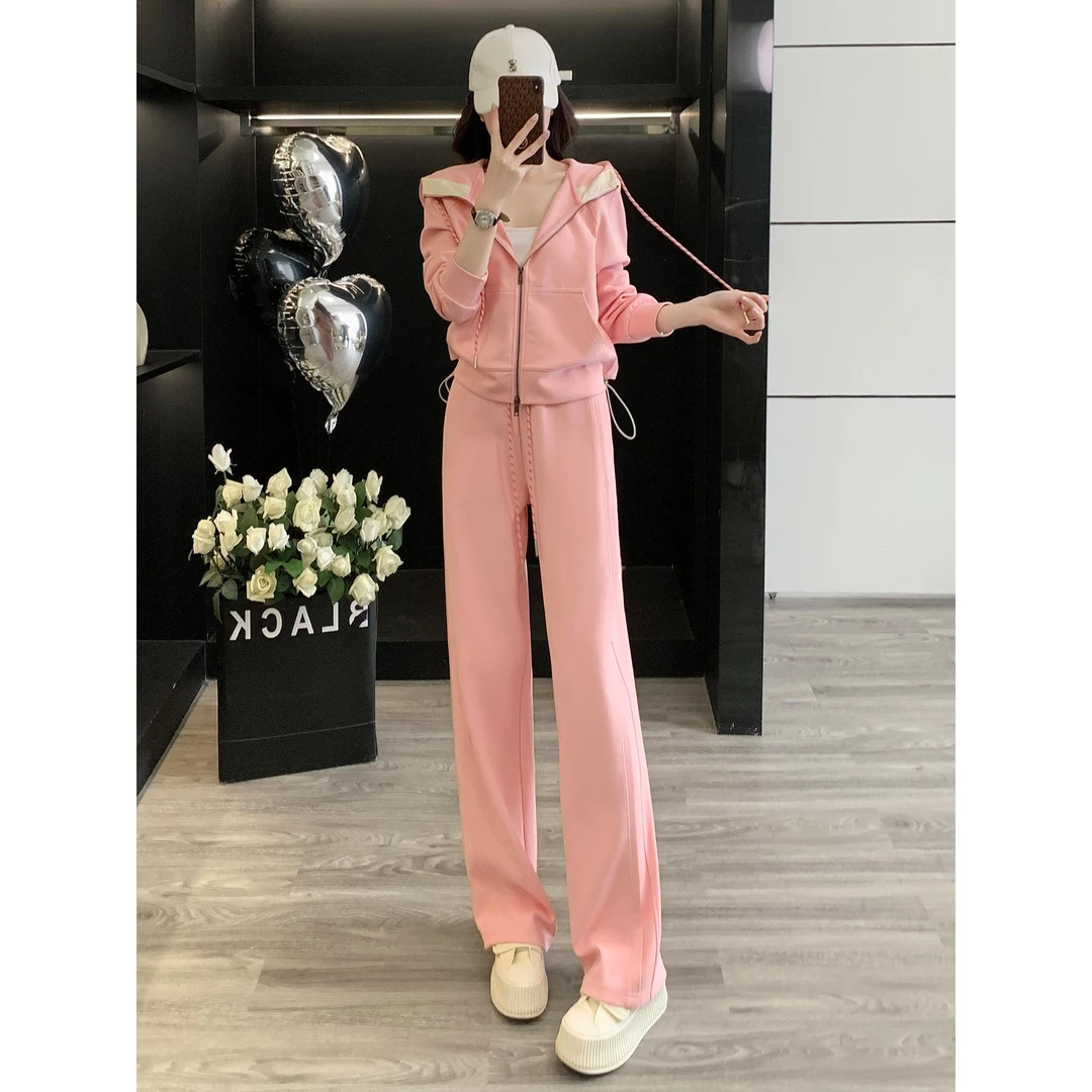 巨好看的卫衣套装女秋装一整套减龄洋气粉色连帽休闲运动服两件套