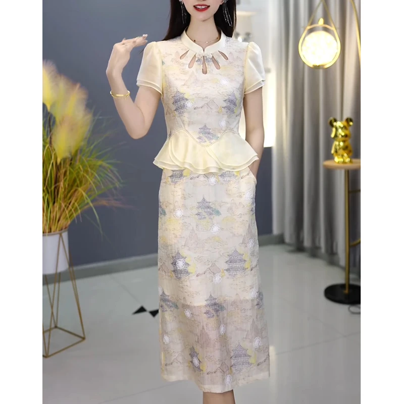 修身中式复古刺绣时尚套装2025夏季新款端庄大气减龄半身裙两件套