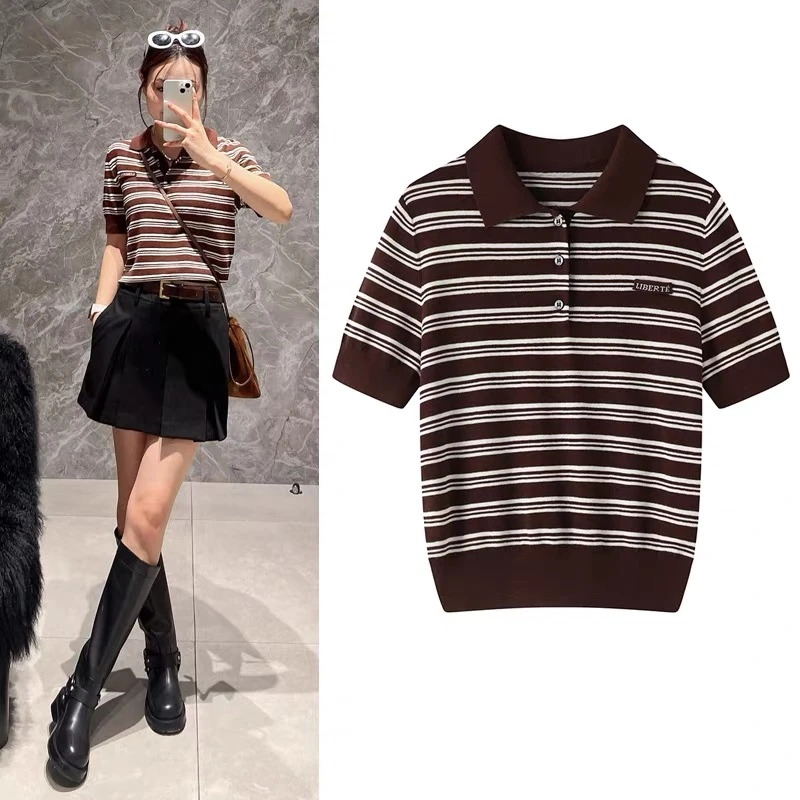 2411原单商场同款复古撞色条纹显瘦收腰polo领针织衫