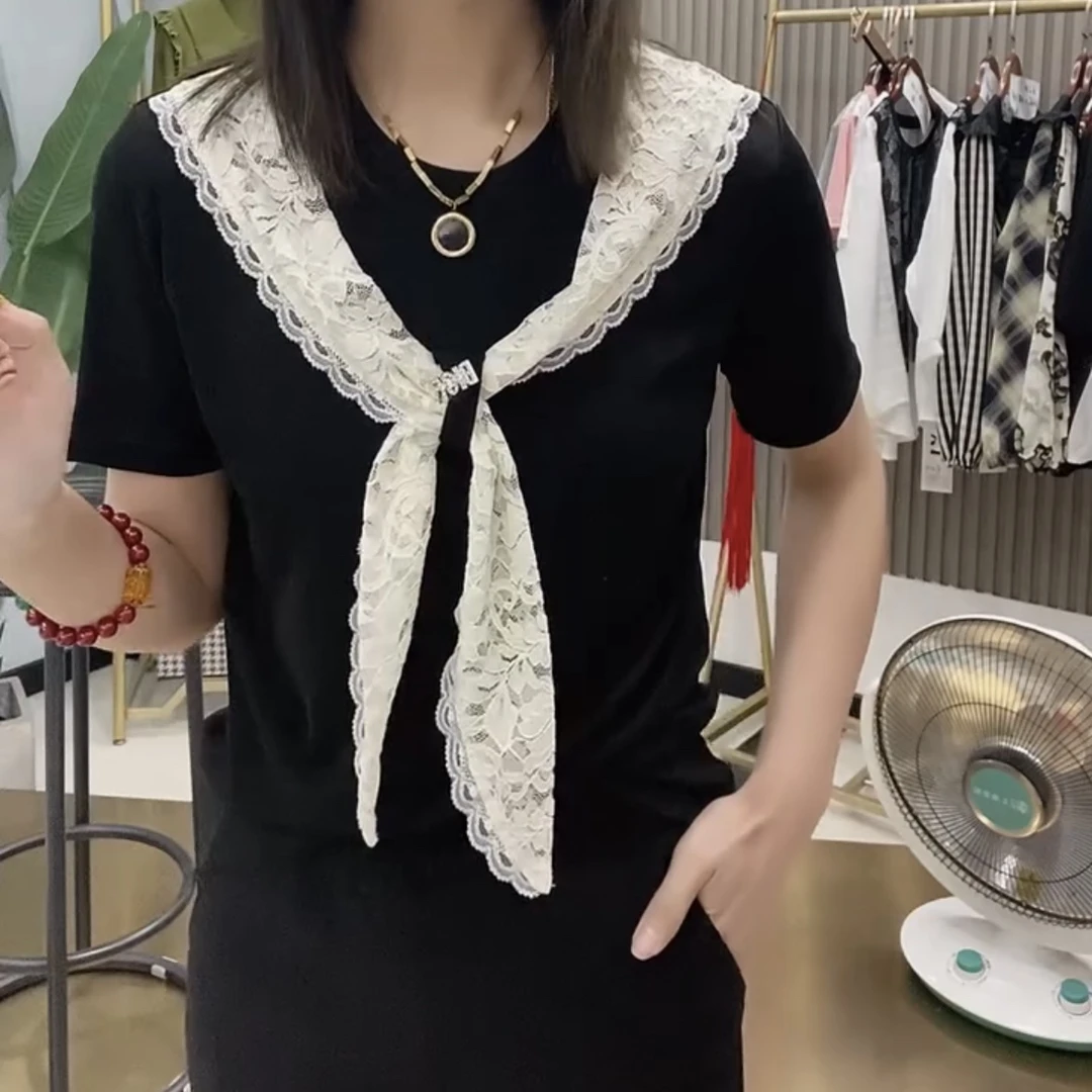 杂志风短袖法式短款显瘦拼接T恤针织系带网红夏季百搭减龄