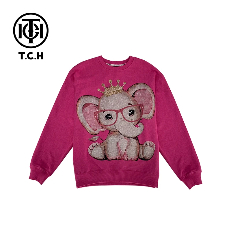 TCH服饰店播-2024秋季皇冠小象粉色圆领卫衣T72A11E6001