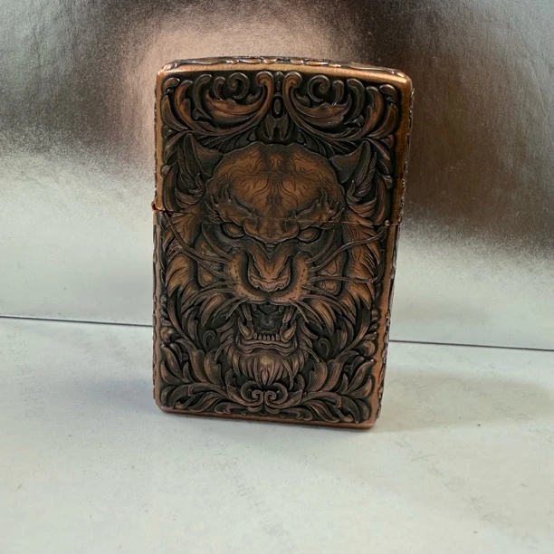 Zippo打火机纯紫铜3D浮雕套壳虎头