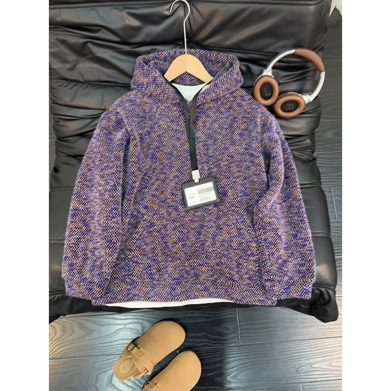 美式复古紫色毛绒针织连帽卫衣男秋冬潮牌宽松休闲高级感情侣外套