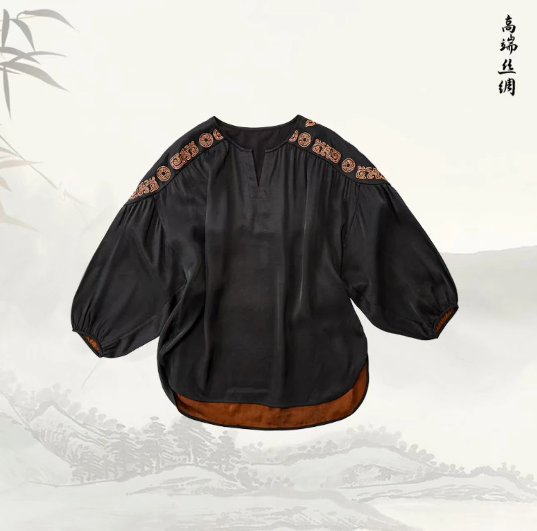 【瑕沙】品牌新款香云纱V领宽松不规则上衣529078