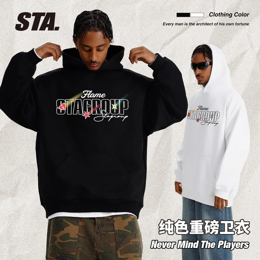 STA国潮400克重连帽卫衣重磅男女同款印花秋冬秋季男上衣百搭国潮