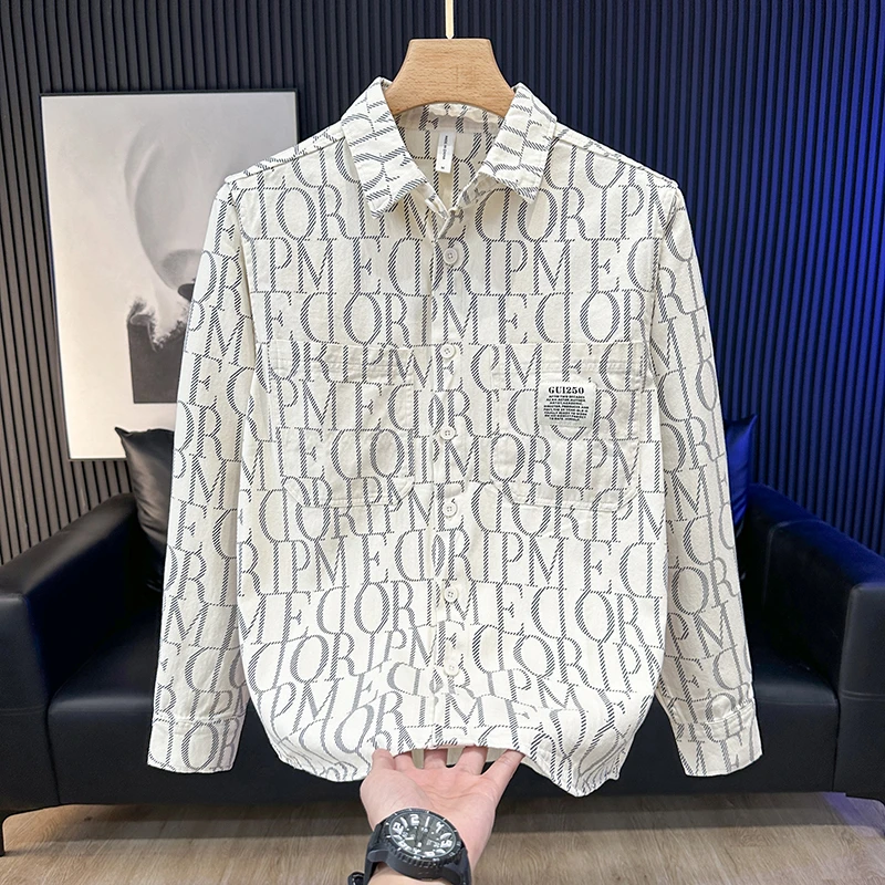 春秋季潮流印花长袖衬衫男宽松休闲帅气纯棉翻领日系男装衬衣外套