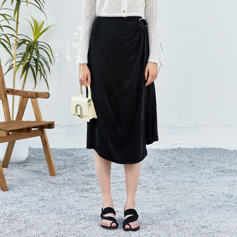 圣迪奥优雅黑色裙子百搭简约拼接女装半身裙S23281114