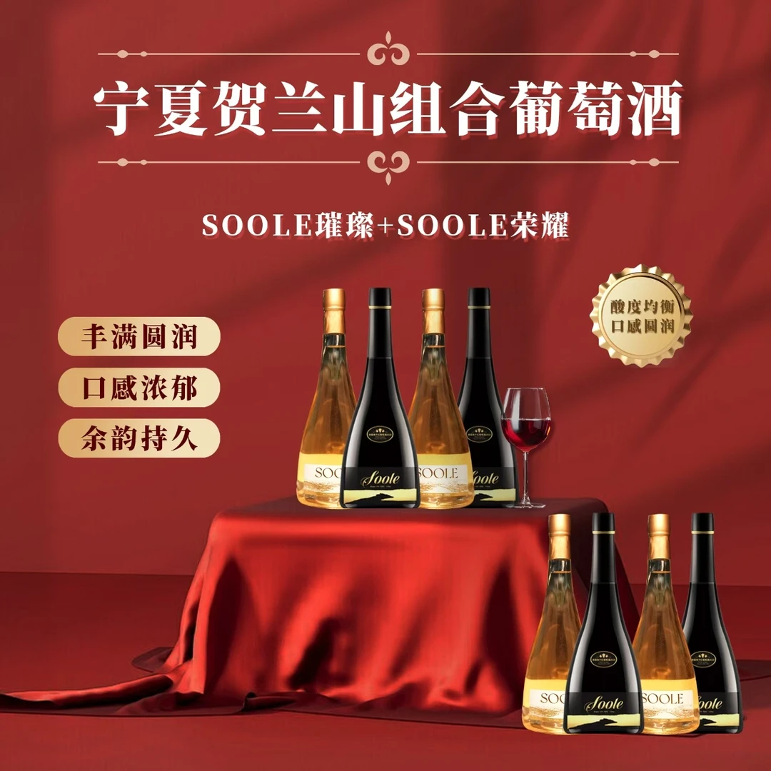 宁夏贺兰山东麓SOOLE荣耀赤霞珠干红璀璨霞多丽干白葡萄酒双支