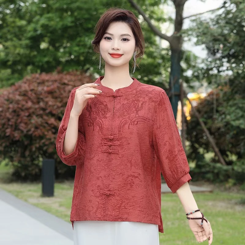 2025夏季新款重工刺绣盘扣立领宽松妈妈装衬衫
