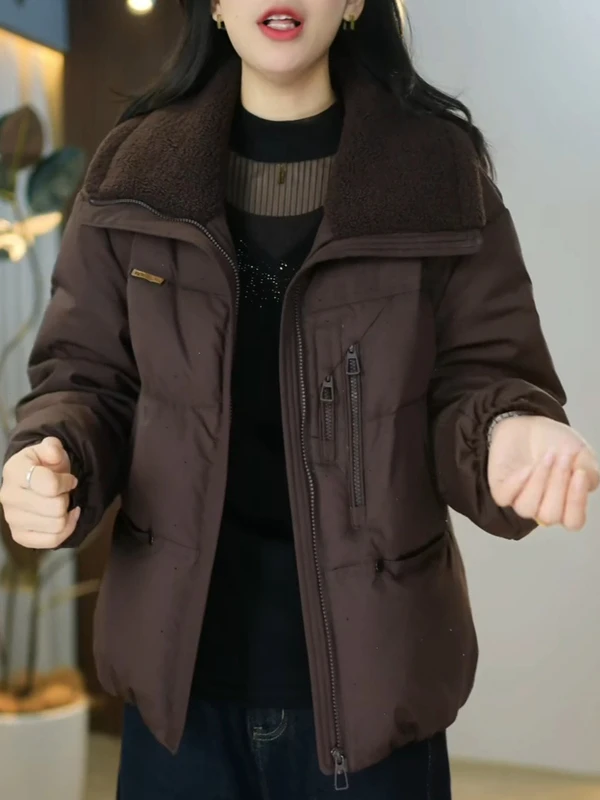 2025新款时尚毛绒翻领宽松短款棉服女显瘦棉衣休闲舒适外套冬装