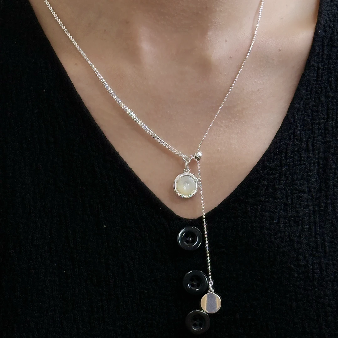 坠链均925银 《黑白》ins风时尚简约百搭双面黑白珠抽拉Y字项链