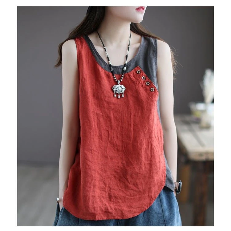 棉麻2025夏新款宽松吊带背心女爆款ins不对称上衣纽扣装饰拼接T恤