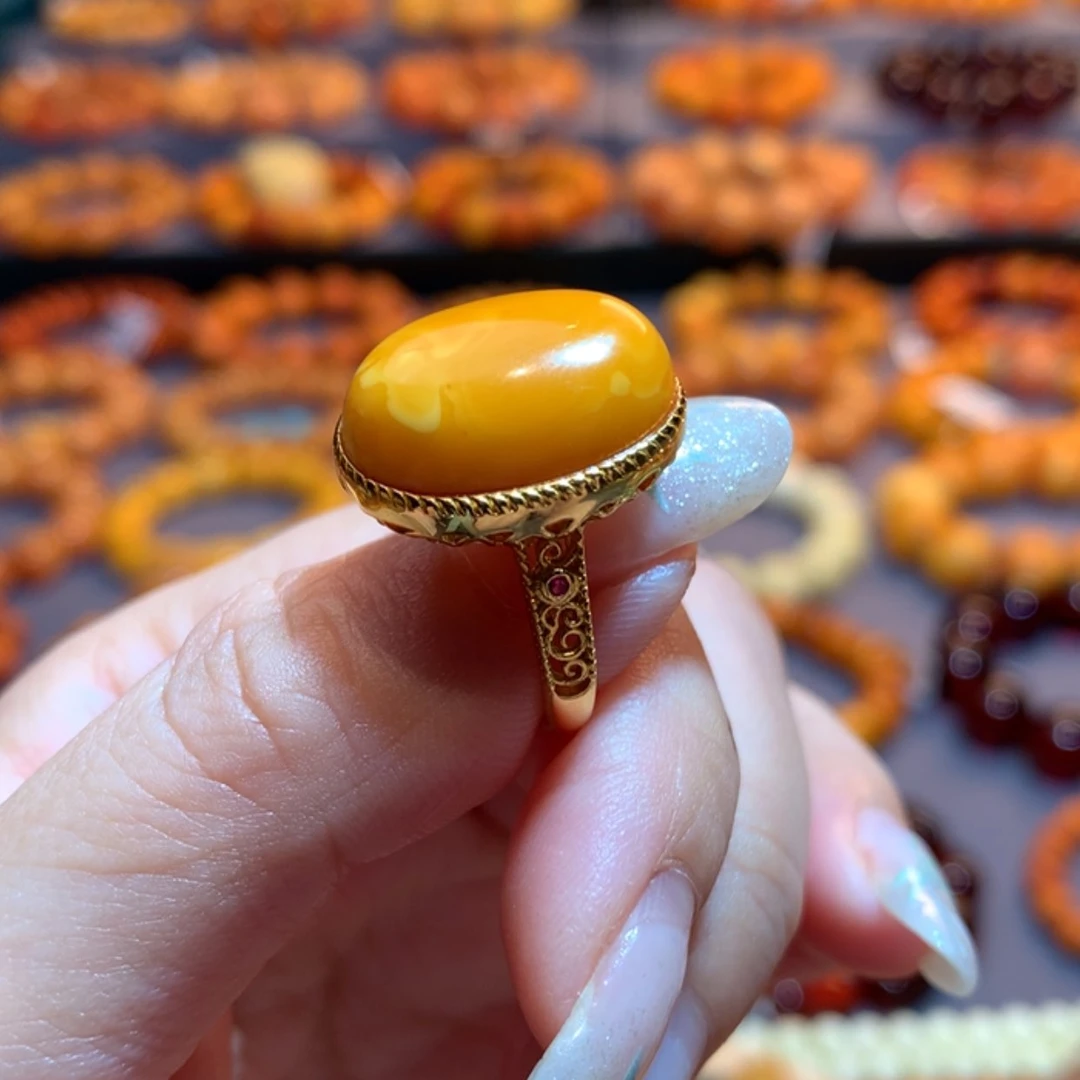【闪购商品】银S925镀金镶嵌蜜蜡戒指蜜蜡戒指