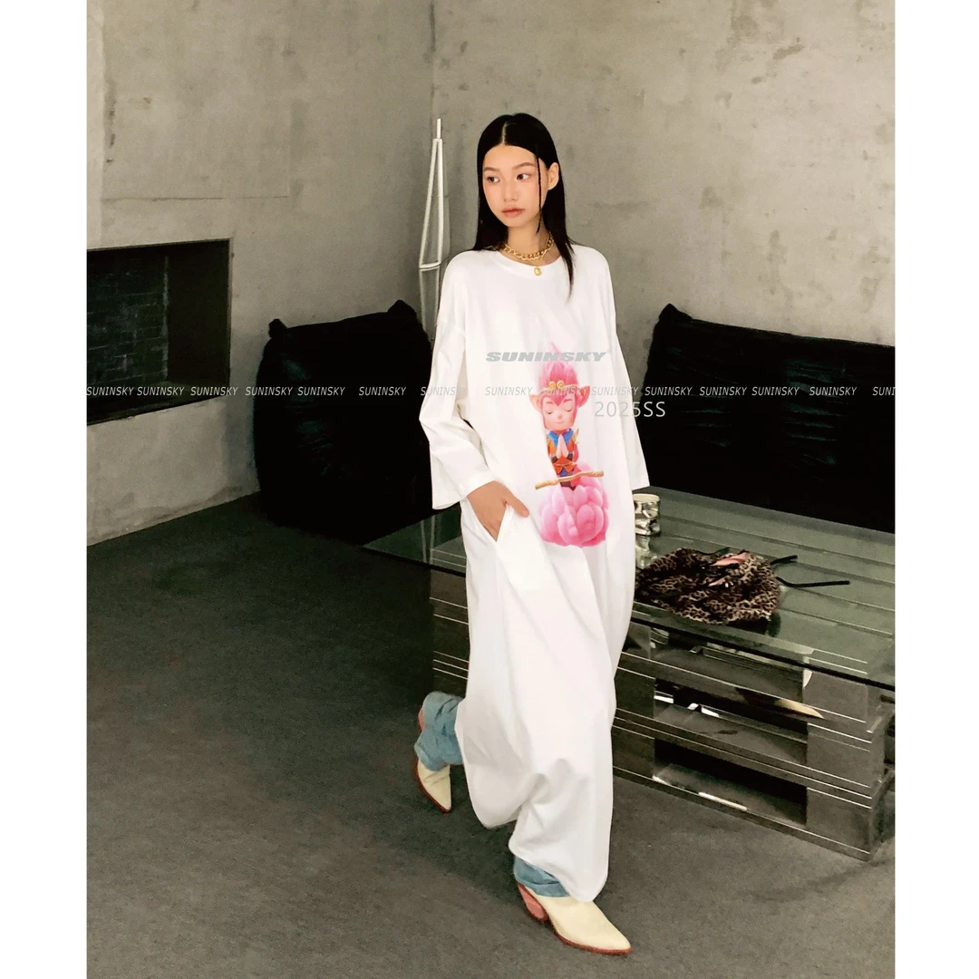 SUNINSKY轻奢气质感七分袖悟空印花长款连衣裙-SUN28