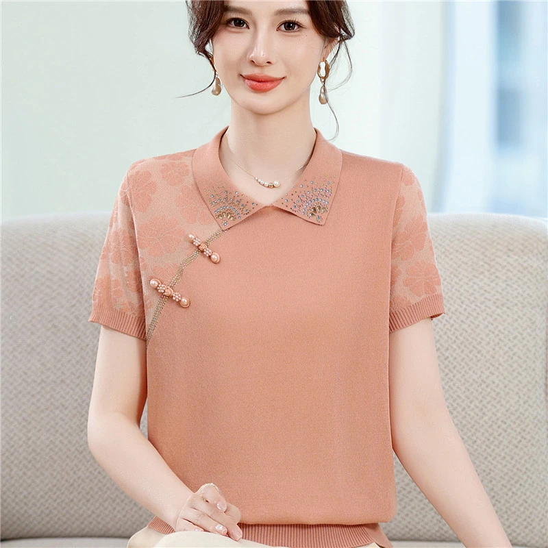 母亲节新款妈妈夏装短袖T恤小衫中老年女装国风冰丝针织夏季上衣