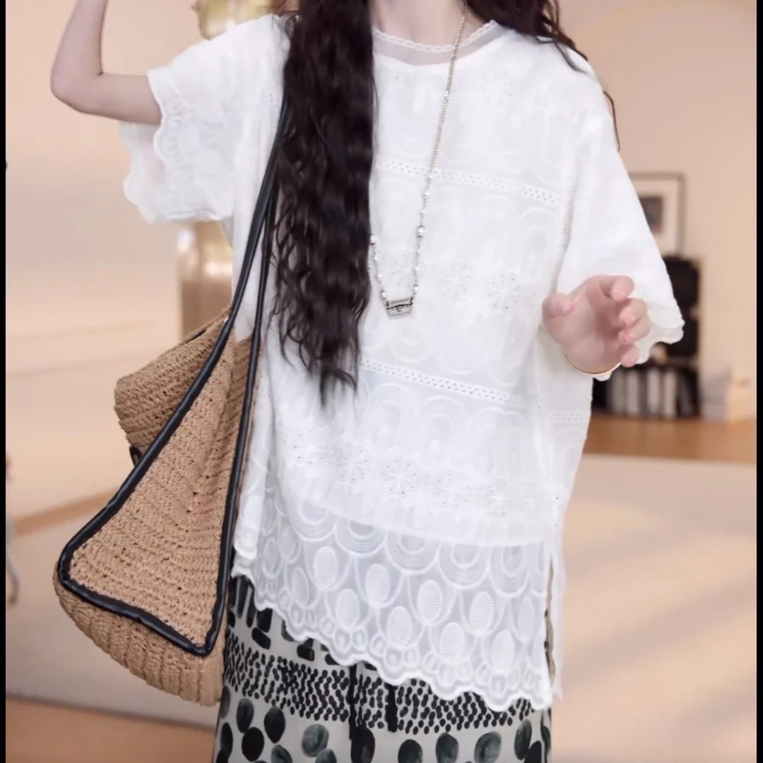 设计感时尚薄款百搭波浪边花边开叉短袖2025夏季新款气质通勤上衣